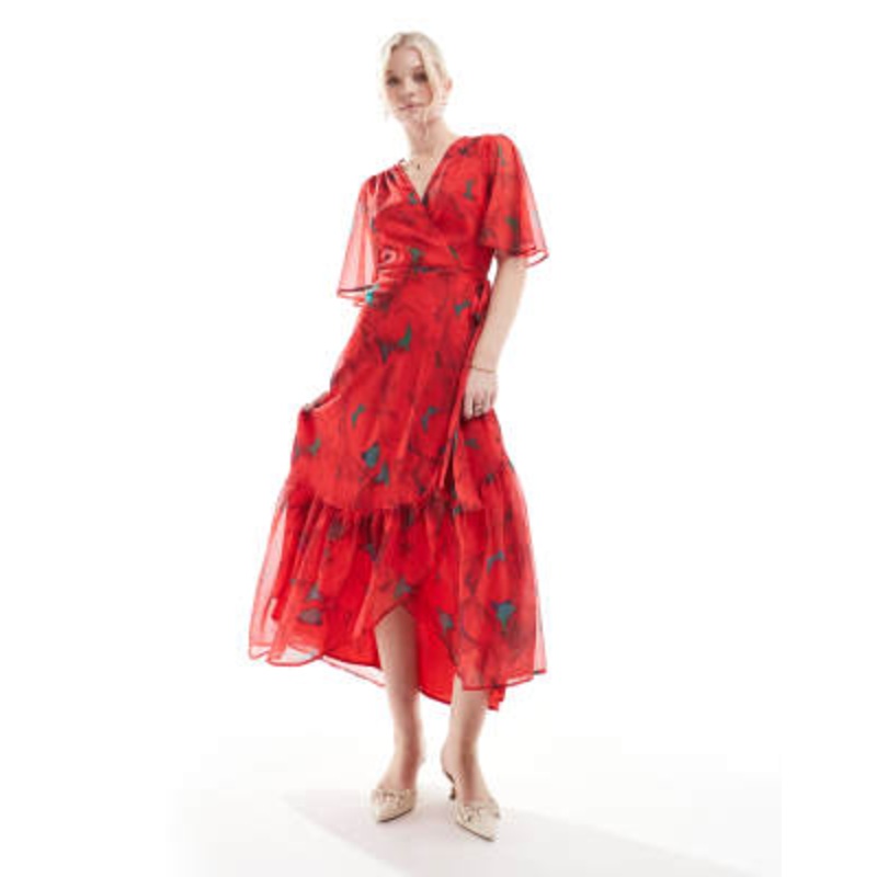 Hope & Ivy flutter sleeve midaxi wrap dress with tie waist in red print