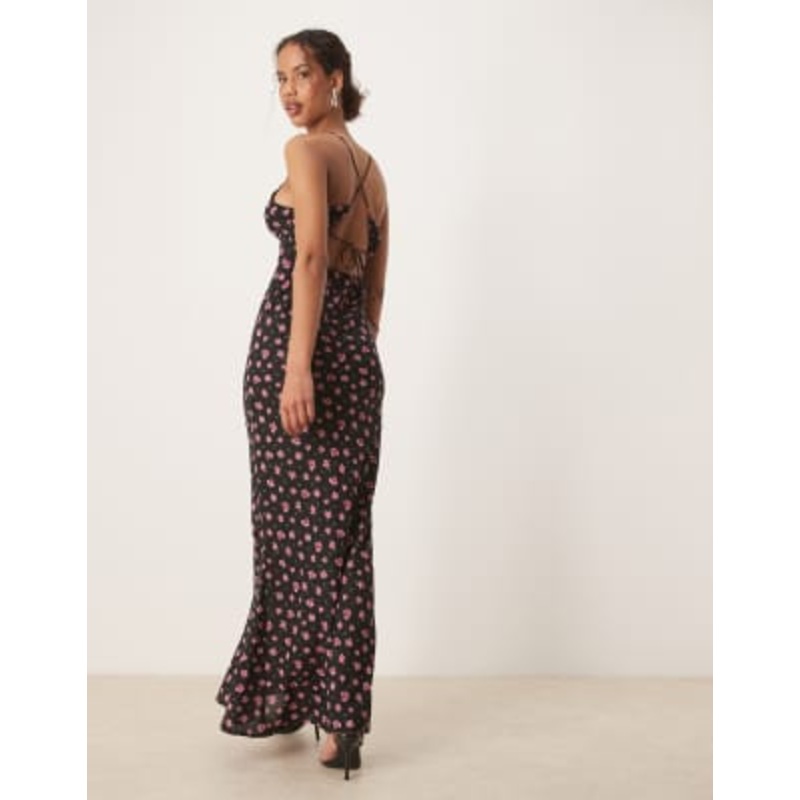 Vila cross back detail maxi slip dress in black and pink floral print