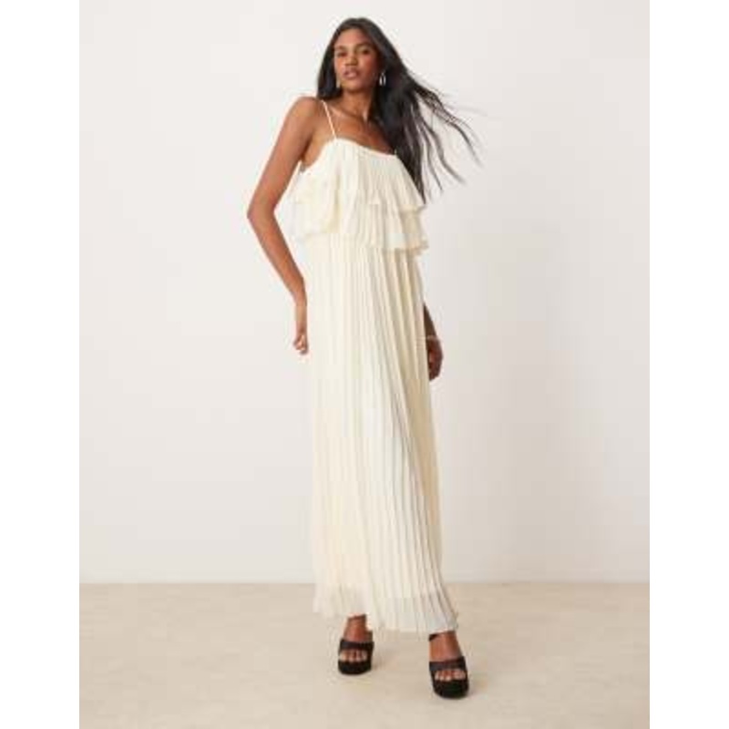 Vila pleated ruffle layer cami maxi dress in birch cream