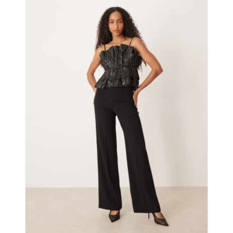 YAS exaggerated ruffle glitter detail top in black