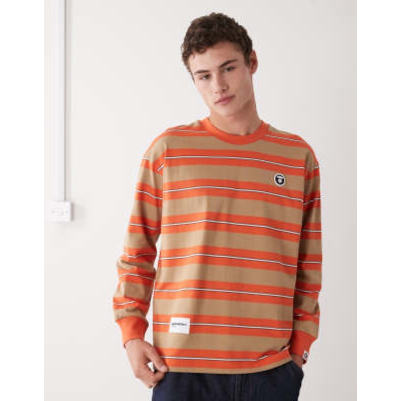 Aape by A Bathing Ape boxy long sleeve striped t-shirt in brown and orange
