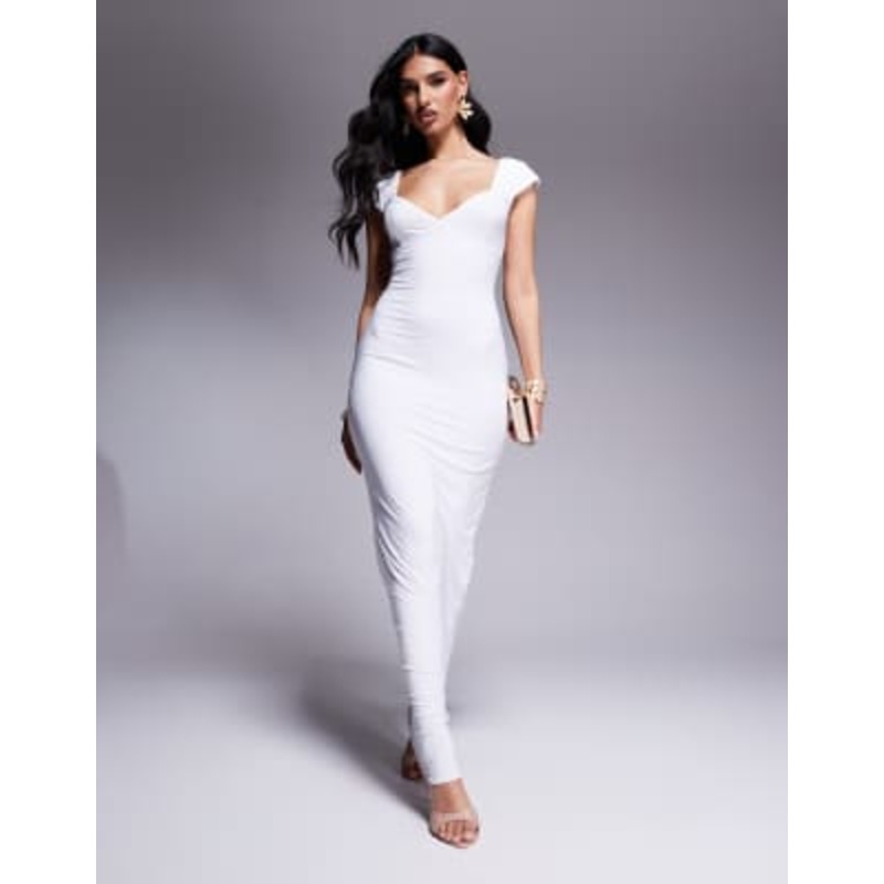 Fashionkilla double sculpted slinky sweetheart neckline open back bodycon maxi dress in white