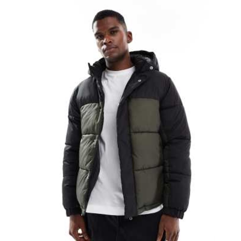 Jack & Jones hooded color block puffer jacket in black and green