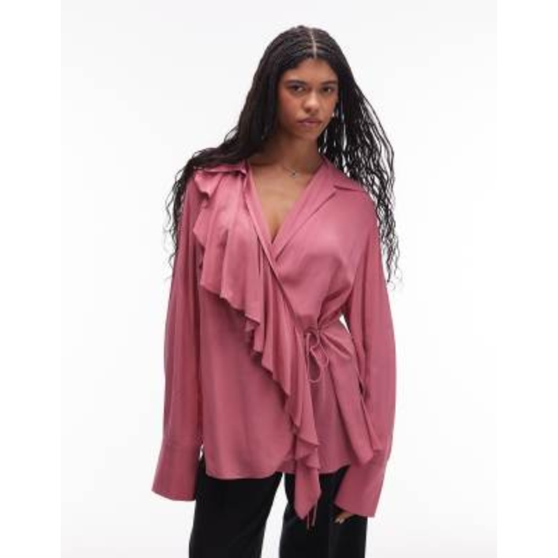 & Other Stories semi sheer blouse with asymmetric ruffle in pomegranate pink