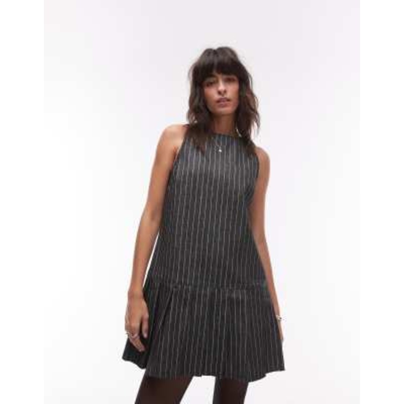 Topshop denim pleated dress in black stripe