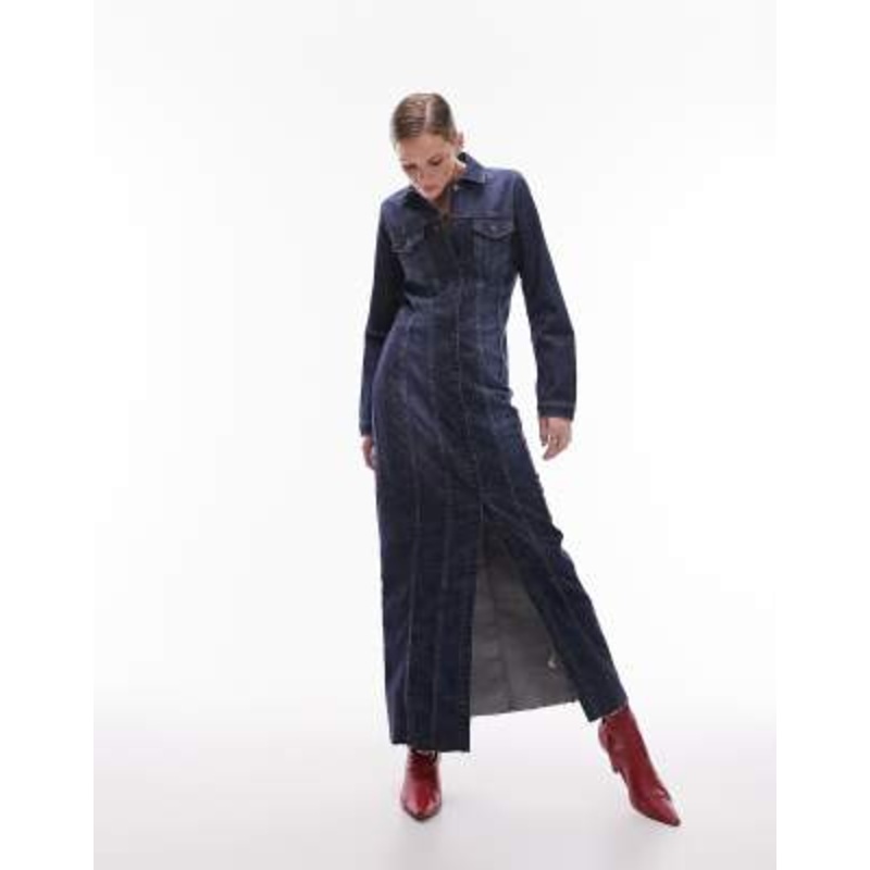 Topshop denim stretchy maxi shirt dress in indigo