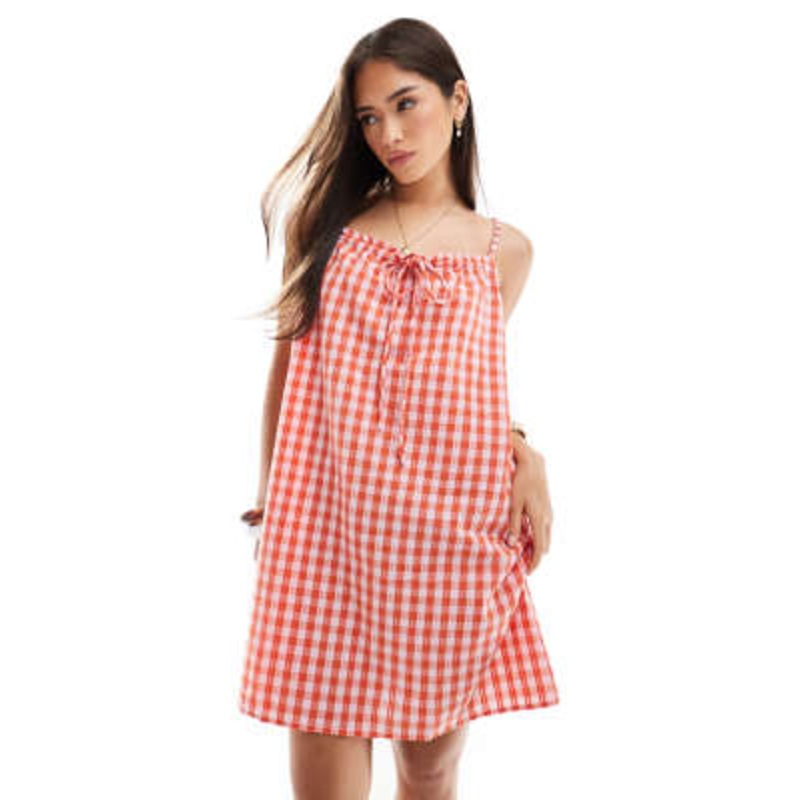 Vero Moda seersucker mini dress in pink and red gingham