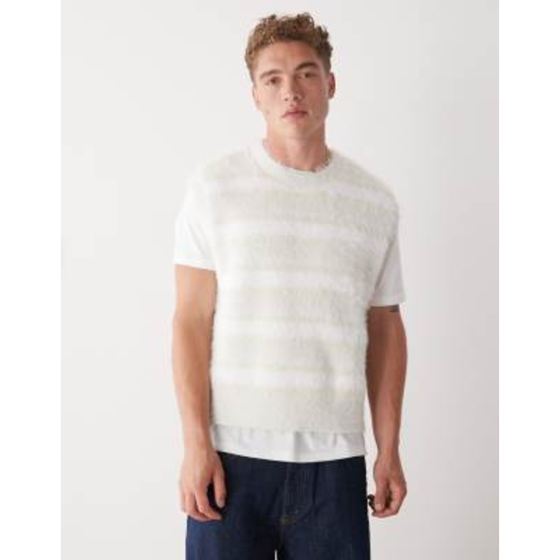 Weekday hairy yarn knit sweater vest in off-white stripe