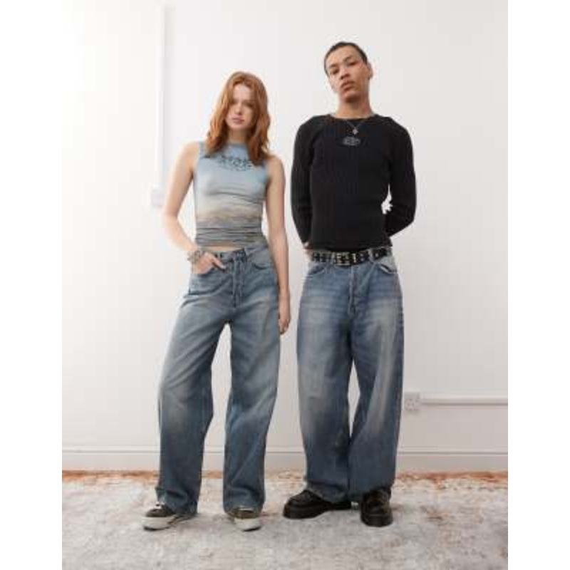 Weekday Unisex Astro low rise baggy jeans in worn blue wash