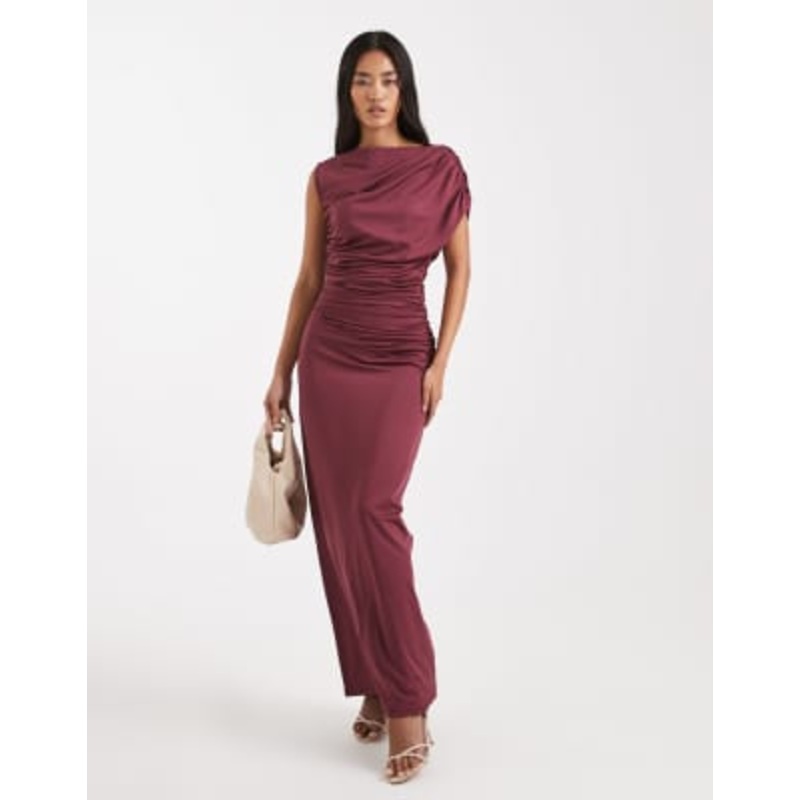 4th & Reckless Exclusive double layered slinky drape off-shoulder detail sleeveless maxi dress in burgundy
