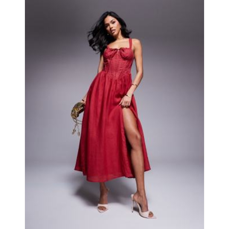 Bardot corset linen maxi dress with split in red