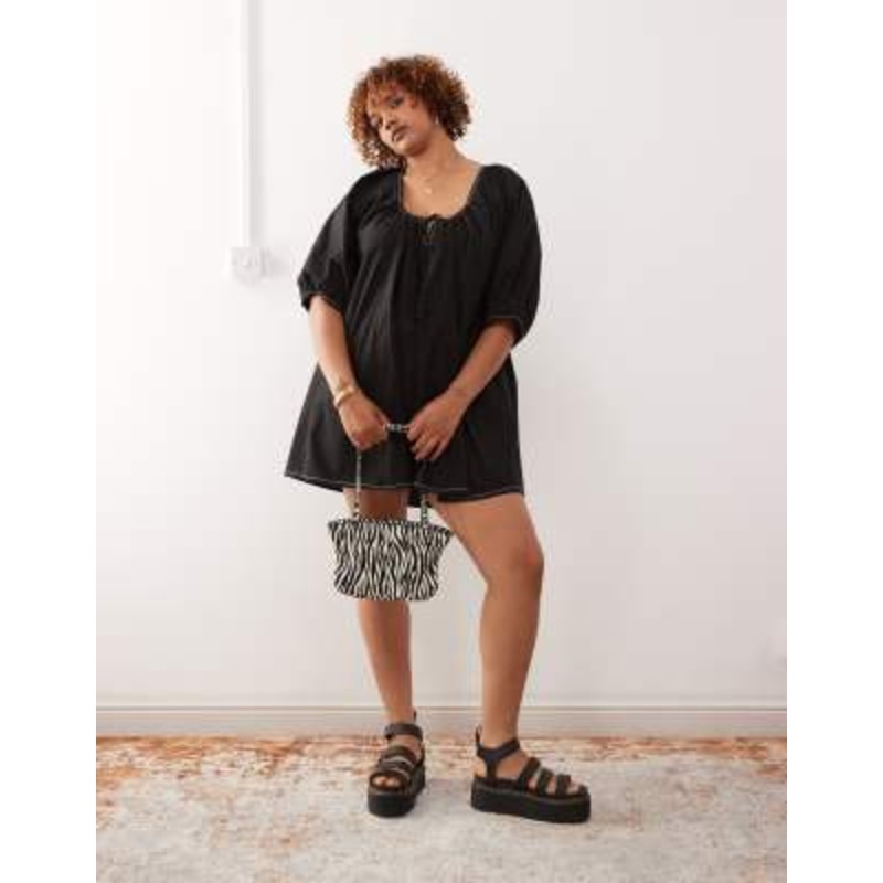 COLLUSION Plus puff sleeve mini smock swing dress in black