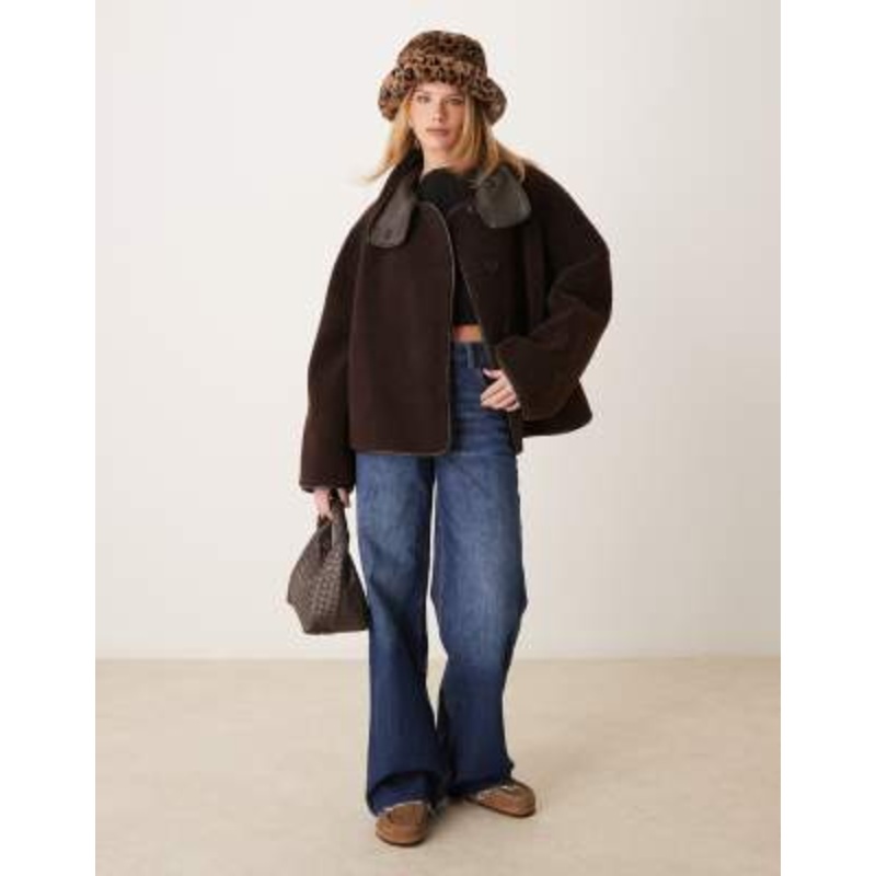 Gina Tricot oversized reversible borg jacket with high funnel neck in dark brown with edging