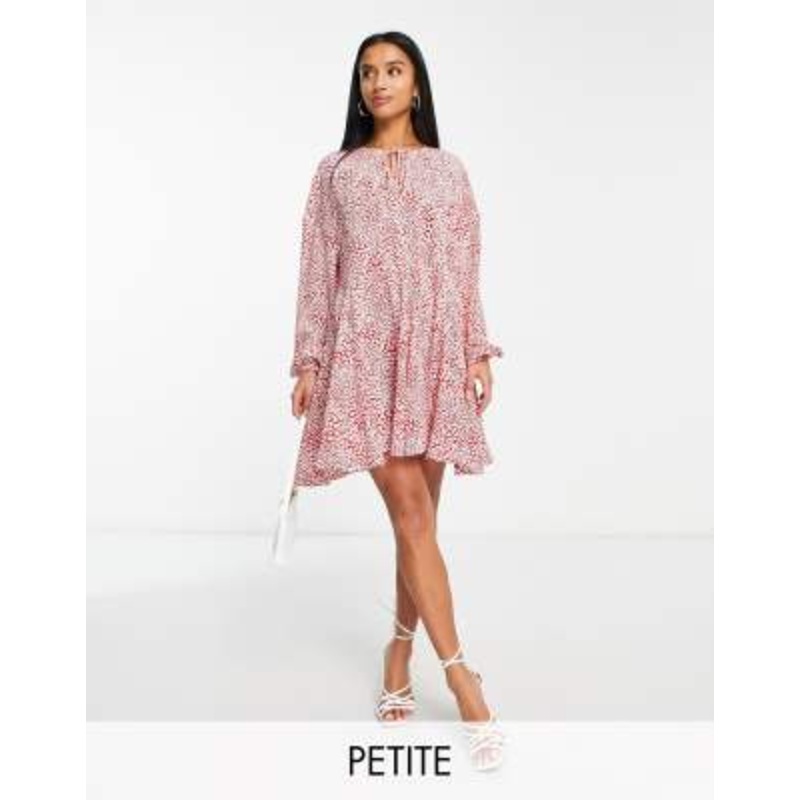 Glamorous Petite tie neck mini smock swing dress in red leopard