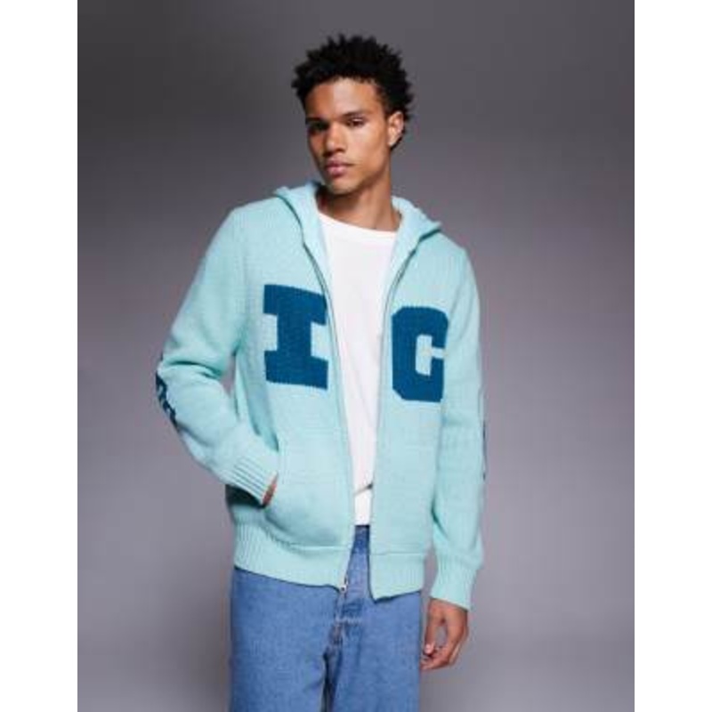 ICECREAM running dog back print knit zip up hoodie in light blue