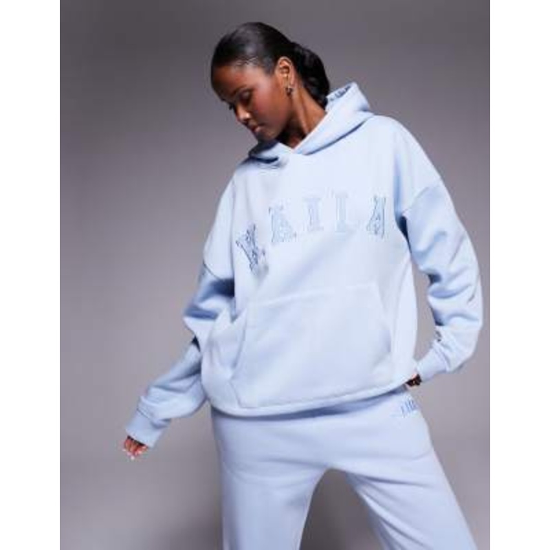 Kaiia cotton rich oversized embroidered logo hoodie in dusty blue – part of a set