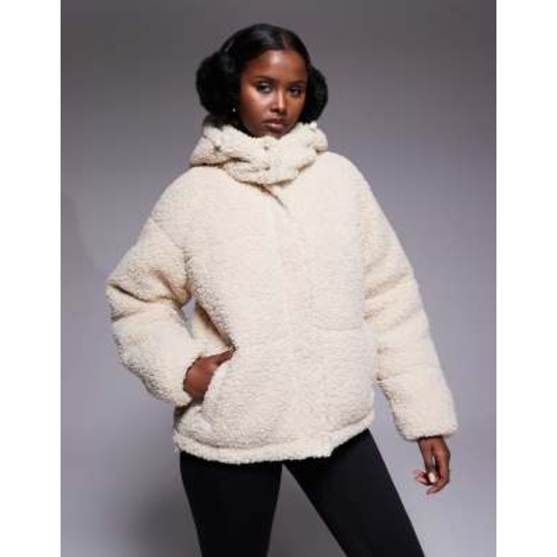 Threadbare Ski short faux shearling puffer jacket with hood in cream