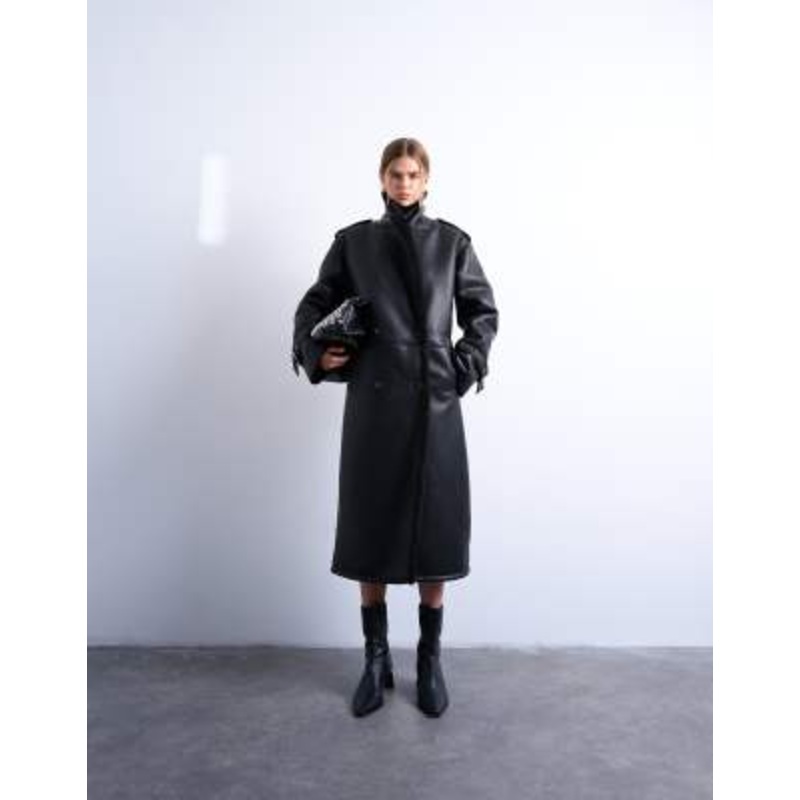 Topshop longline oversized aviator teddy coat in black