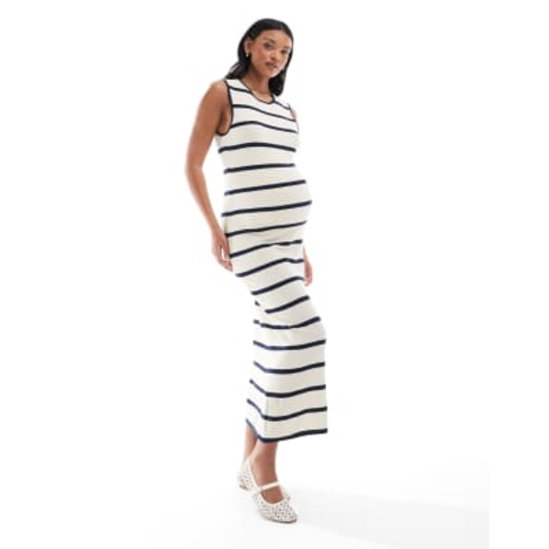 Vero Moda Maternity jersey knit ankle dress in cream and navy stripe