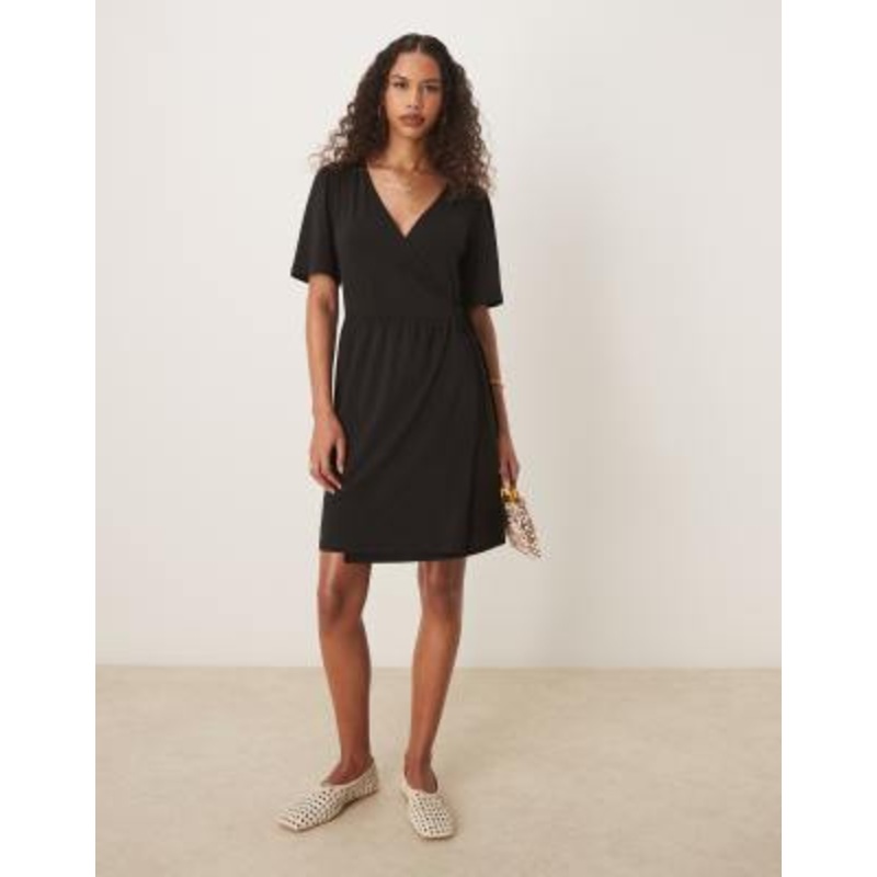 Vila jersey wrap front tie side mini dress in black