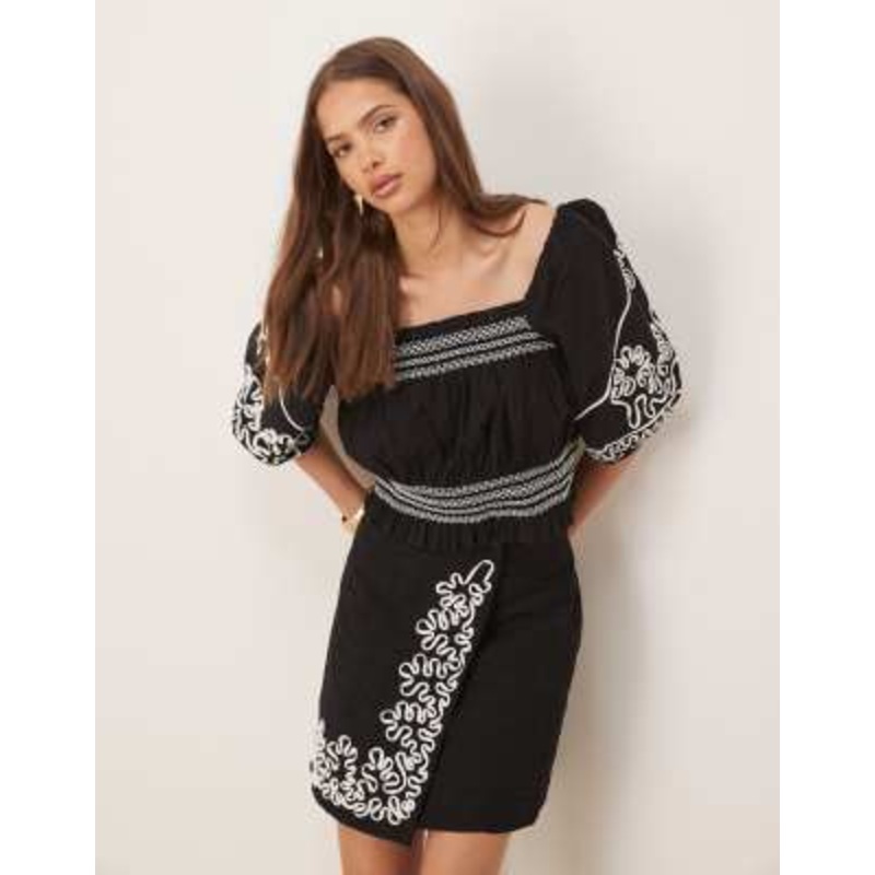 YAS contrast cornelli embroidered puff sleeve crop top in black – part of a set