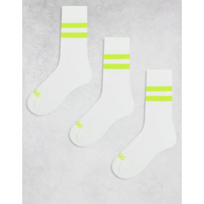 4505 3-pack 2-stripe running socks with elasticized arch support and antibacterial finish in white with neon yellow stripe