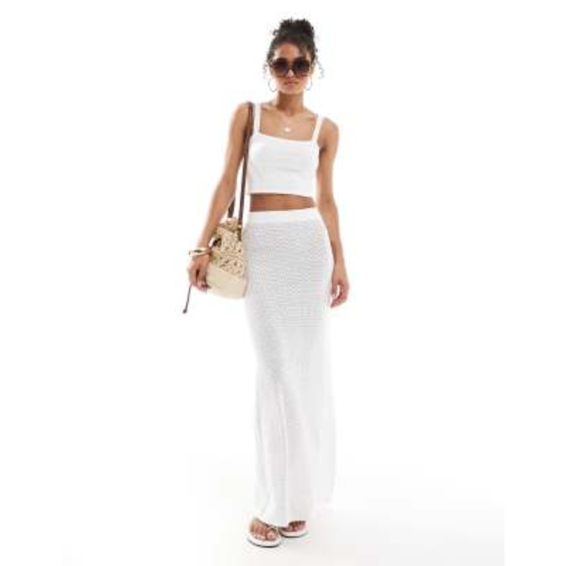 4th & Reckless beach knit cami top with crochet trim and maxi skirt set in white