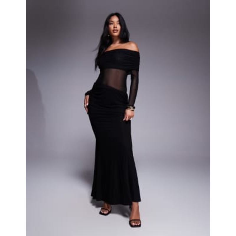 Aria Cove mesh off the shoulder cut out sides maxi dress in black