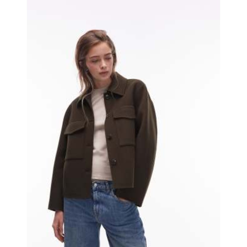 ARKET double layer wool jacket with button front and front pockets in khaki brown
