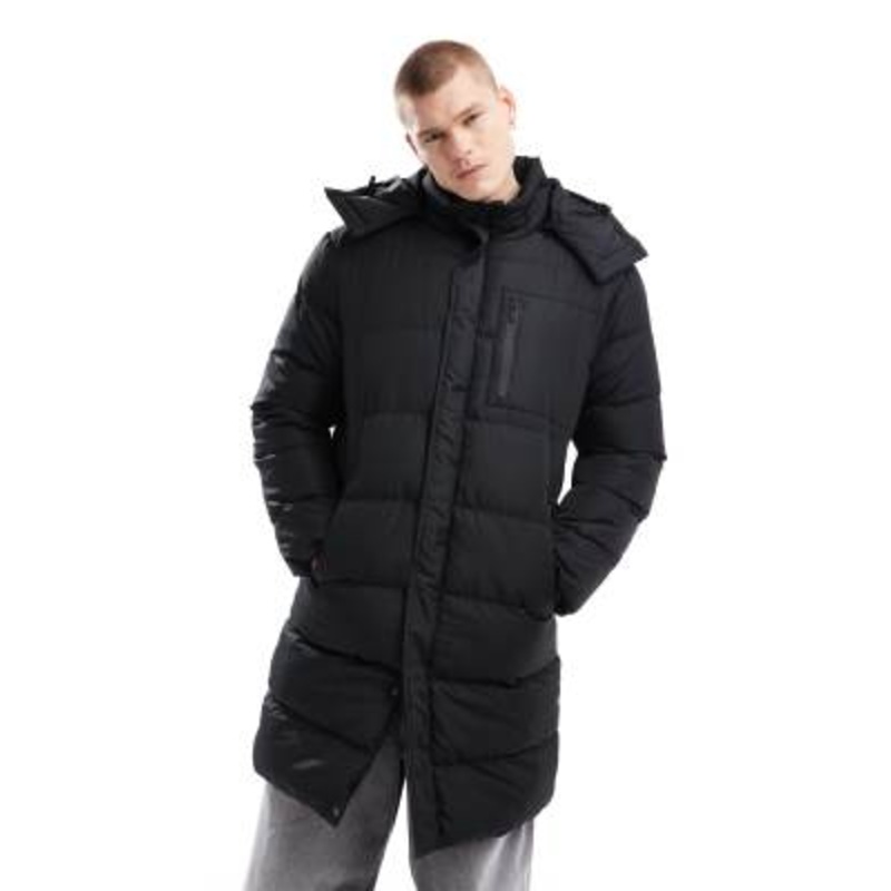 Brave Soul longline puffer jacket with detachable hood in black