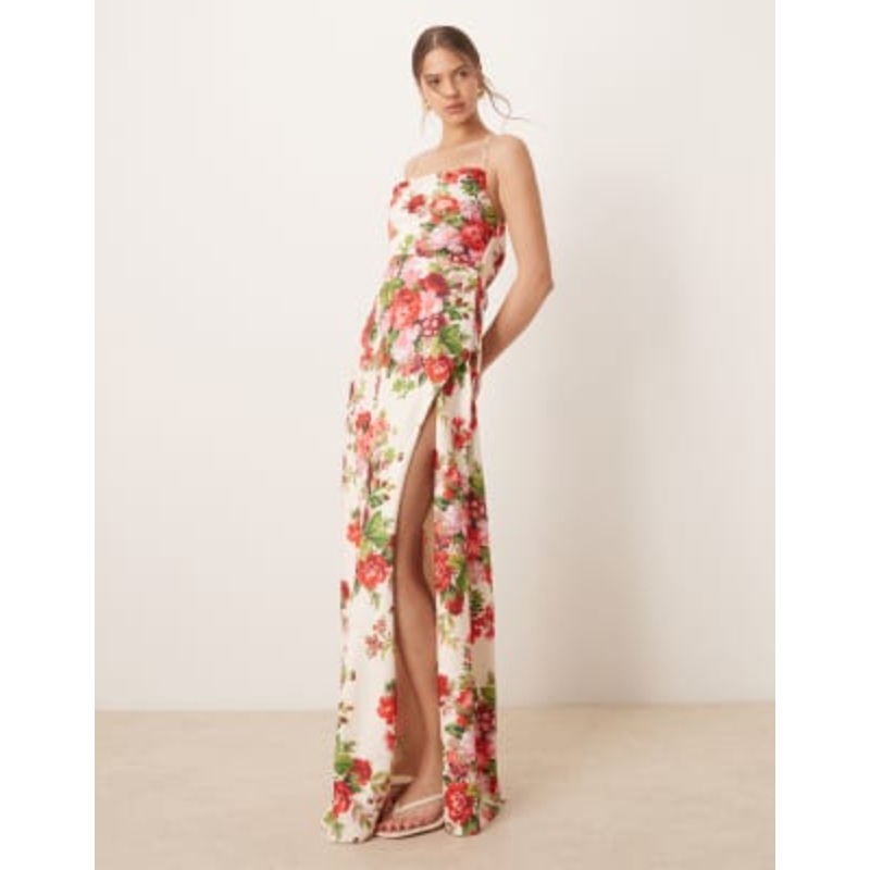 Hope & Ivy cowl neck cross back maxi dress with thigh split in white red floral