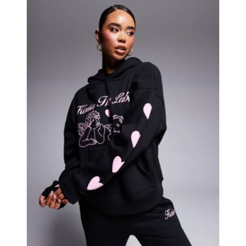 Kaiia cotton blend angel logo puff heart sleeve detail oversized hoodie in black and pink – part of a set