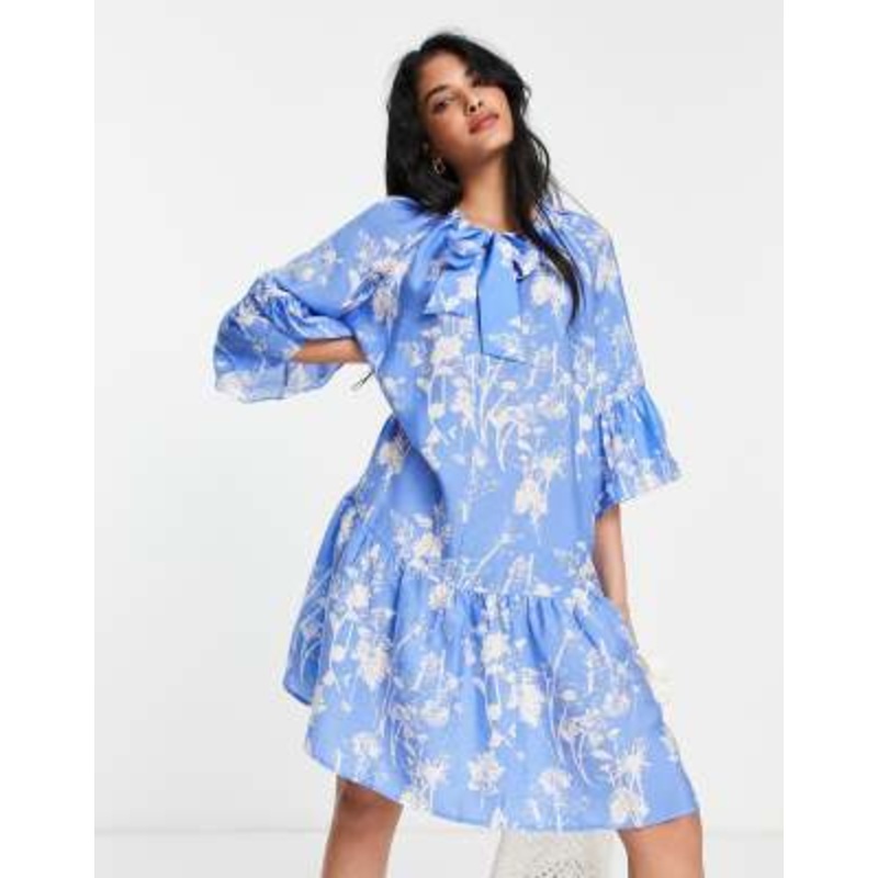 & Other Stories tiered mini smock dress in blue print
