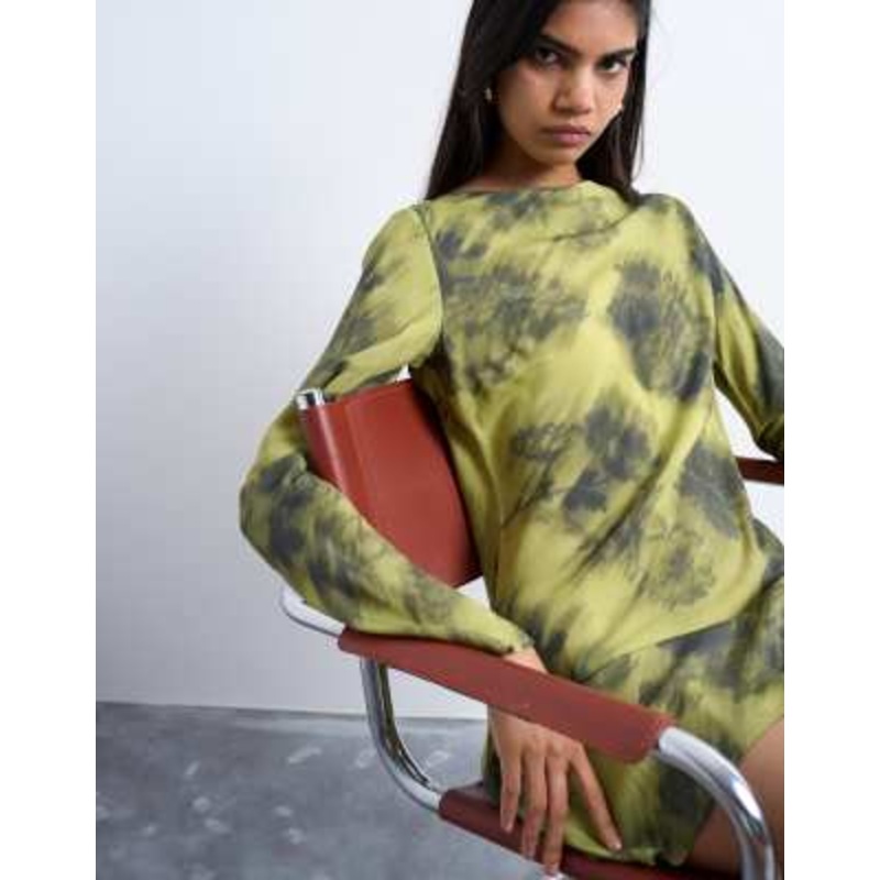 Topshop slash neck mini dress in blurry green print