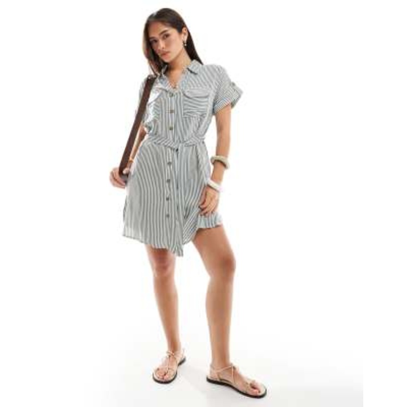 Vero Moda mini shirt dress with pockets in khaki green stripe