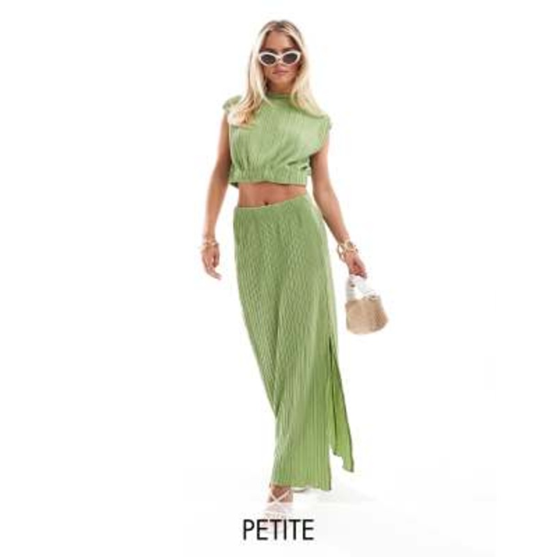 Vero Moda Petite plisse slit maxi skirt in mid green – part of a set