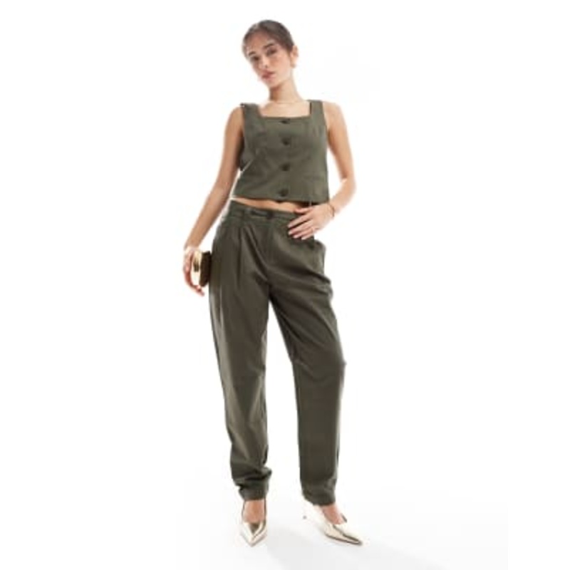 Vero Moda tailored square neck vest and barrel leg pants set in green