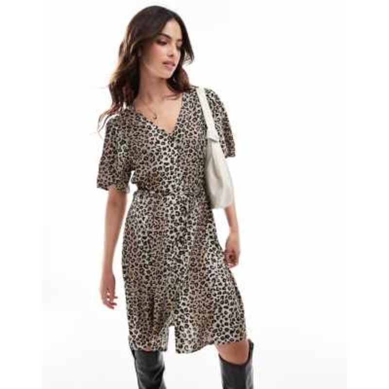 Vila button down tie waist midi dress in leopard print