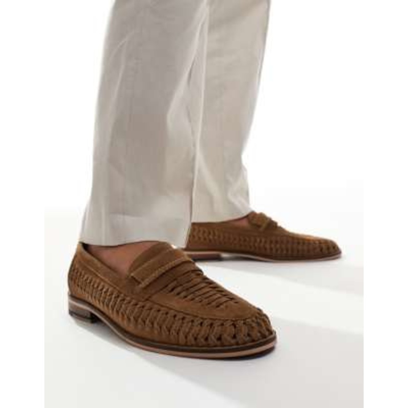 Walk London Wes slip-on mules weave loafers in tan suede