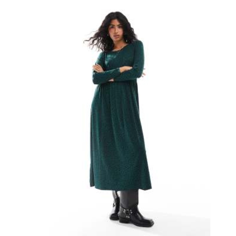 Wednesday’s Girl long sleeve smudge spot midi dress in forest green