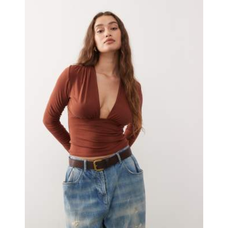 Weekday deep halter neck long sleeve top in rustic red – exclusive to