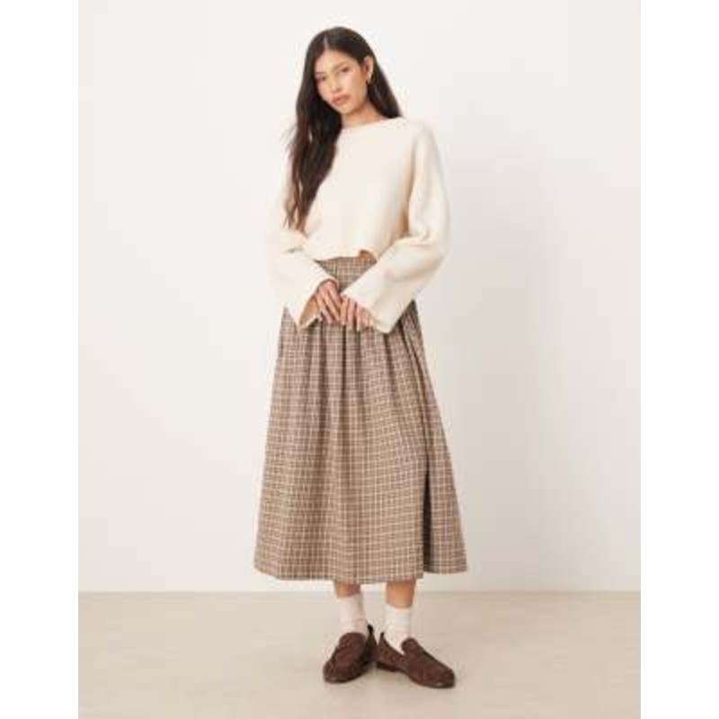AWARE full tie waist detail skirt in beige and brown mini check print
