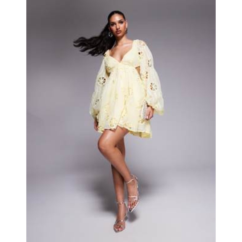 Bardot lace cut out mini dress in lemon