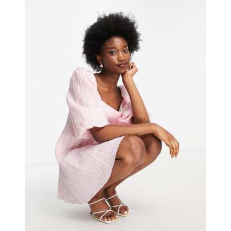 Ever New oversized sleeve ruched smock mini dress in baby pink gingham