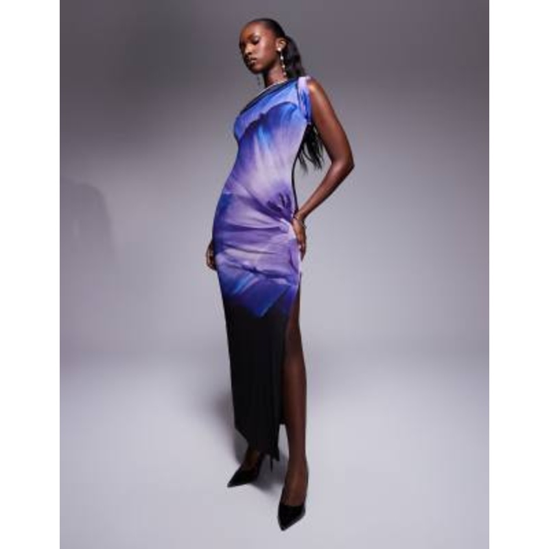 Kaiia exclusive mesh thigh slit one shoulder twist detail maxi dress in purple floral