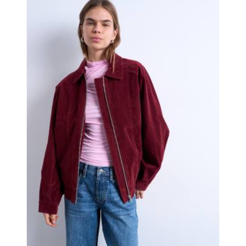 Topshop faux suede zip up seam detailing jacket in burgundy