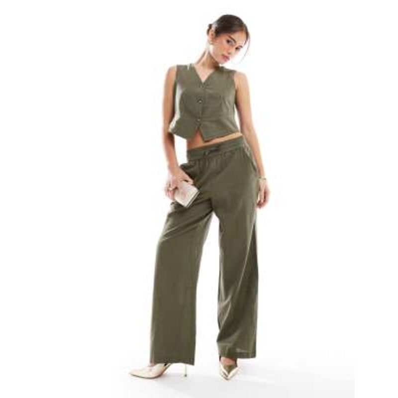 Vero Moda tailored drawstring waist wide leg pants in kalamata green – part of a set