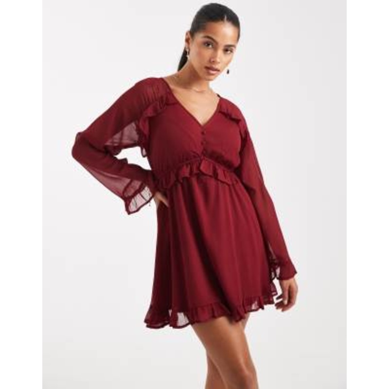 Wednesday’s Girl floaty v-neck mini smock dress in burgundy