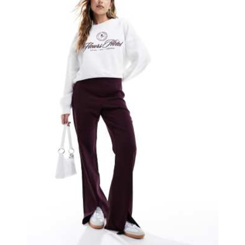 YAS high waisted split hem pants in burgundy