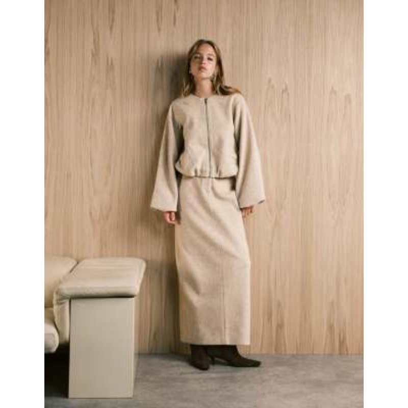 4th & Reckless wool maxi skirt and bomber jacket set in beige
